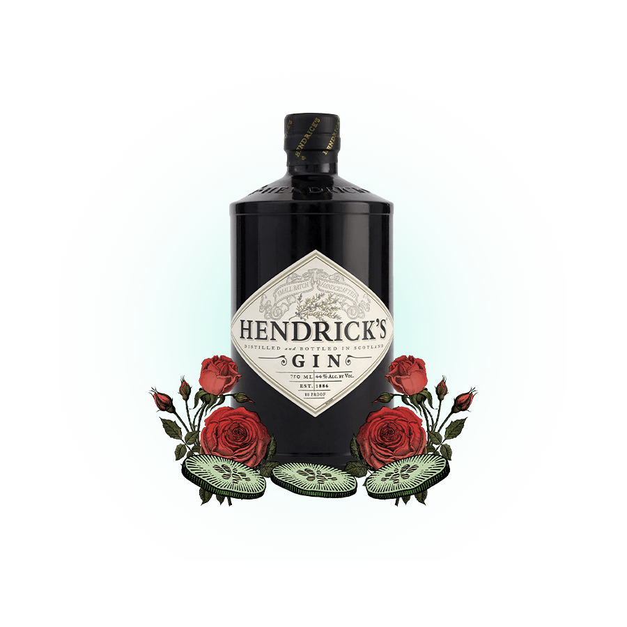 Hendrick’s Original Gin bottle with flower and cucumber base