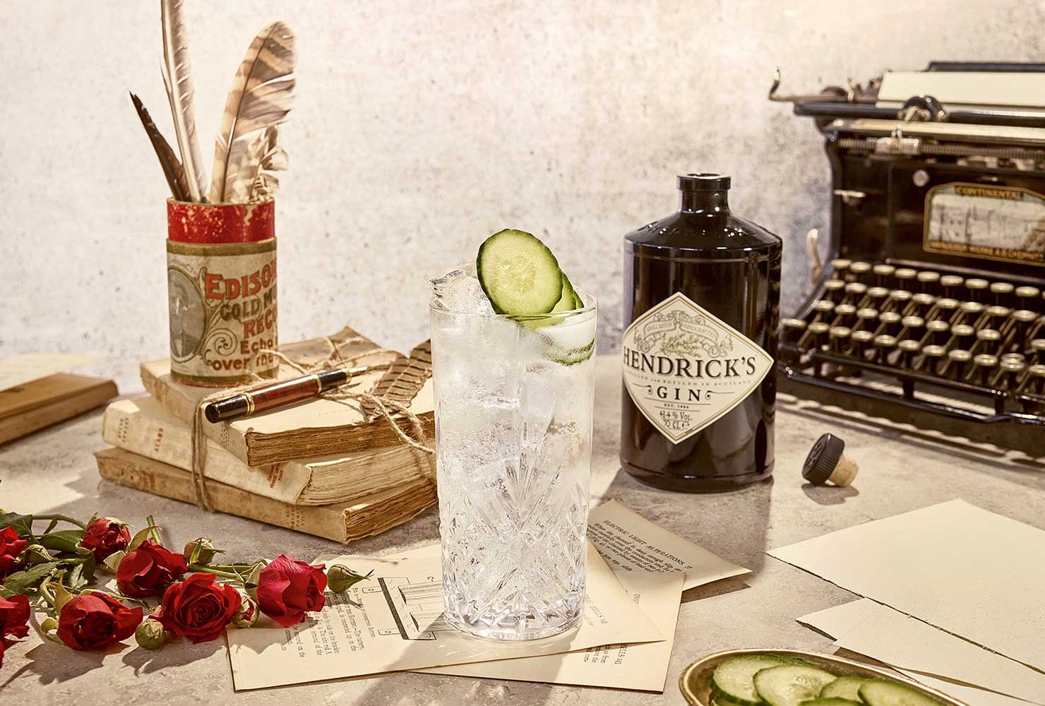 Hendrick’s Gin & Tonic cocktail served with a cucumber garnish